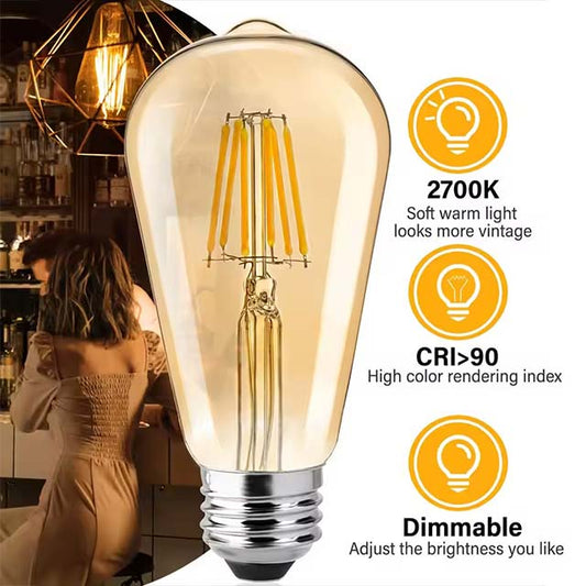 ST64 Dimmable LED Filament Bulb – Vintage Edison Amber Glass, 6W E27 220V, 2200K Warm Light, Energy-Saving Decorative LED Lamp