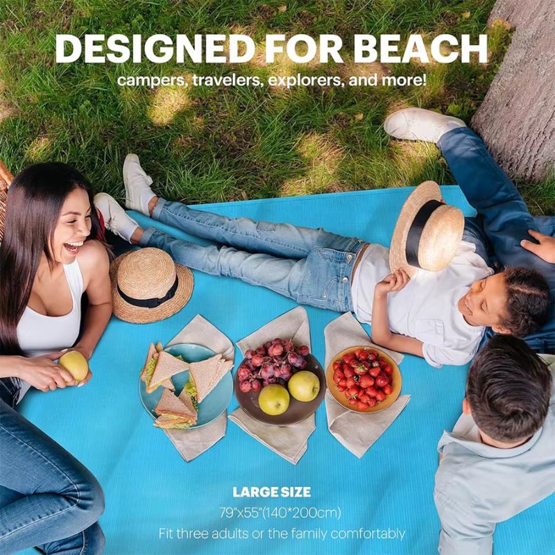 [140*200CM] Sandproof Beach Blanket – Waterproof Quick-Drying Outdoor Picnic Mat – Multiple Sizes with 4 Anchoring Stakes for Travel, Camping, & Hiking (Blue/Green/Orange/Pink)