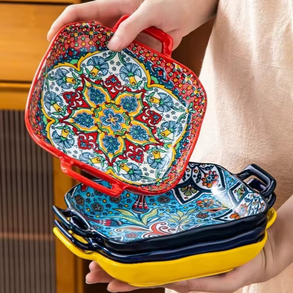 9-Inch Bohemian Style Ceramic Salad Plate - Double Ear Pasta Dish for Oven and Microwave