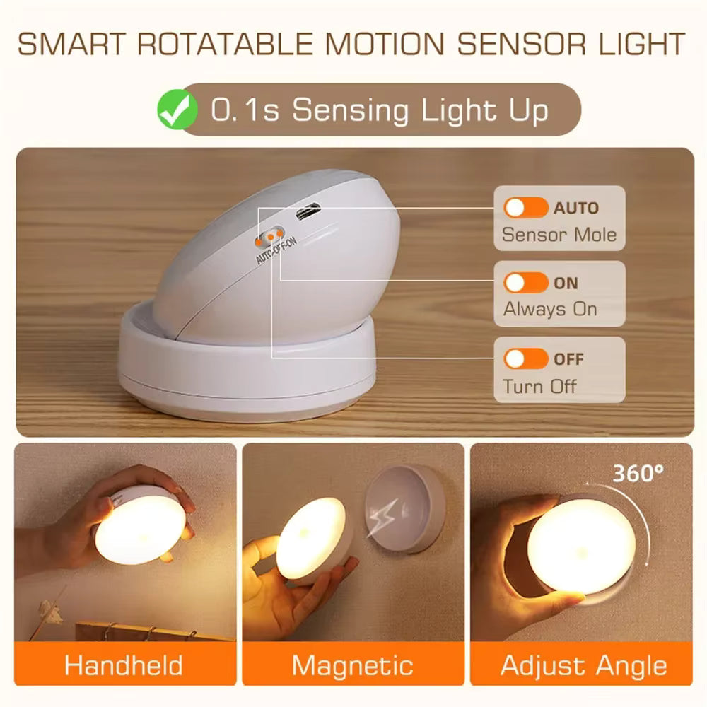 Veilleuse LED à détecteur de mouvement – Lampe à induction intelligente rechargeable par USB – Éclairage sans fil sous meuble et armoire (lumière blanche/chaude)