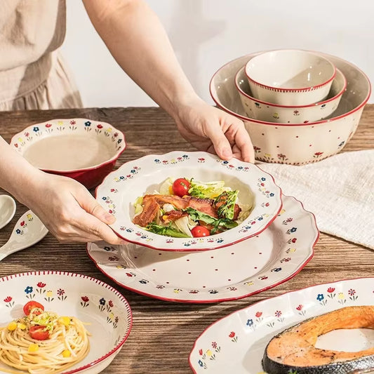 Solecasa Pastoral Style Ceramic Tableware – Elegant Floral Rice & Soup Bowls – Hand-Painted Fruit Salad & Pasta Plates – Aesthetic Table Decoration (Multiple Sizes)