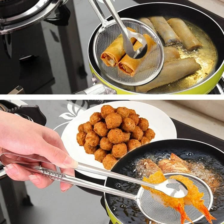 Cuillère-passoire 2-en-1 avec pince – Écumoire de friture et pince alimentaire en acier inoxydable pour la cuisine
