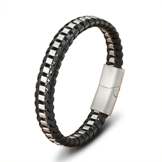 Braided Rope Woven Black Leather Men Bracelet (EGBT108)