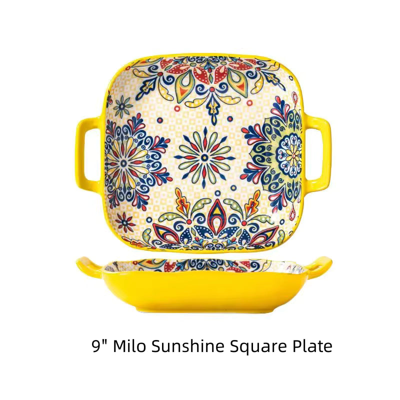 9-Inch Bohemian Style Ceramic Salad Plate - Double Ear Pasta Dish for Oven and Microwave