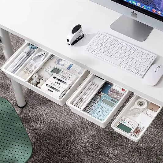 Hidden Under-Desk Storage Drawer – Self-Adhesive Slide-Out Organizer – Plastic Stationery & Cosmetics Tray for Home Office – Simple Sundries Holder (Gray/White)