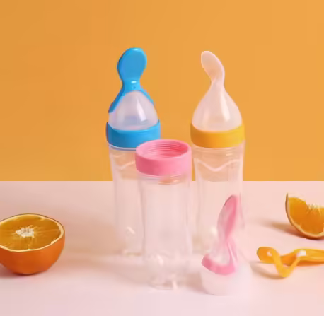 Biberon en silicone souple avec cuillère doseuse pour aliments liquides pour bébés | Ustensiles sûrs pour céréales et purées