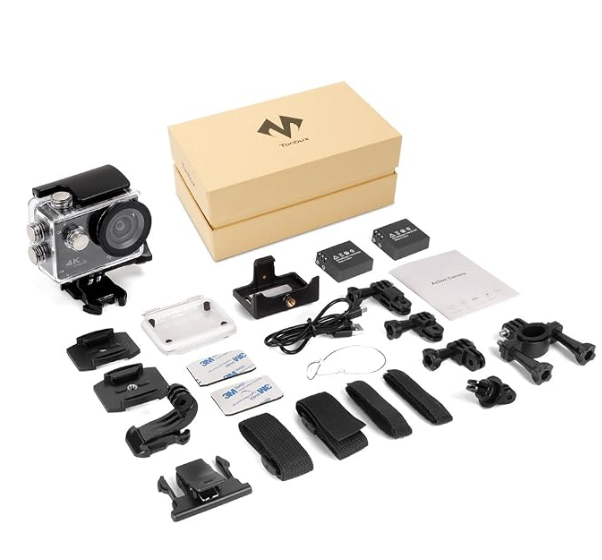 Tonbux 4K WiFi Waterproof Action Camera – 170° Wide Angle Sports Camera with 2" Display, Dual Batteries & Accessory Kit for Diving, Cycling & Motorcycling