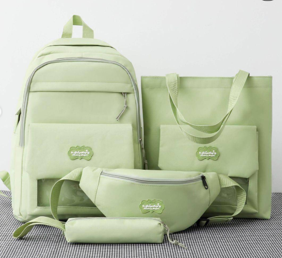 Green 4-Piece Canvas Backpack Set – Casual School Bag Set with Tote, Crossbody Bag & Pencil Case