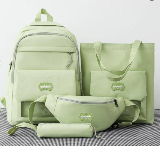Green 4-Piece Canvas Backpack Set – Casual School Bag Set with Tote, Crossbody Bag & Pencil Case