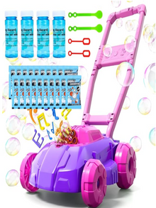 19-Piece Kids Bubble Lawn Mower Set – Automatic Bubble Blower Push Toy with Bubble Solution, Refills & Wands – Pink & Purple