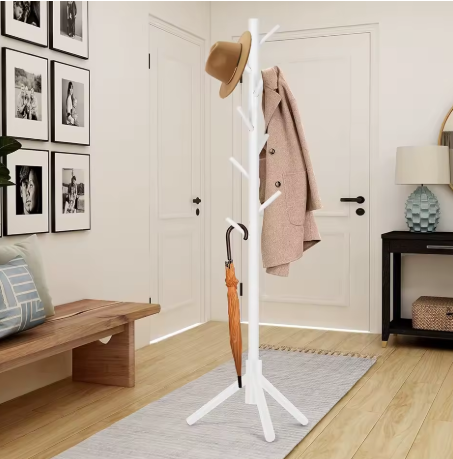 Triangle Base Tree Branch Coat Rack – Multi-Hook Mobile Standing Clothes Rack for Home, Living Room & Bedroom (White/Natural/Coffee)