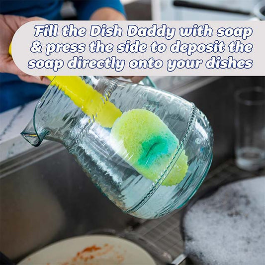 Scrub Dish Daddy Wand – Soap Dispensing Dish Brush with Handle, Multi-Texture Sponge, Scraper &amp; Detachable Head – Blue