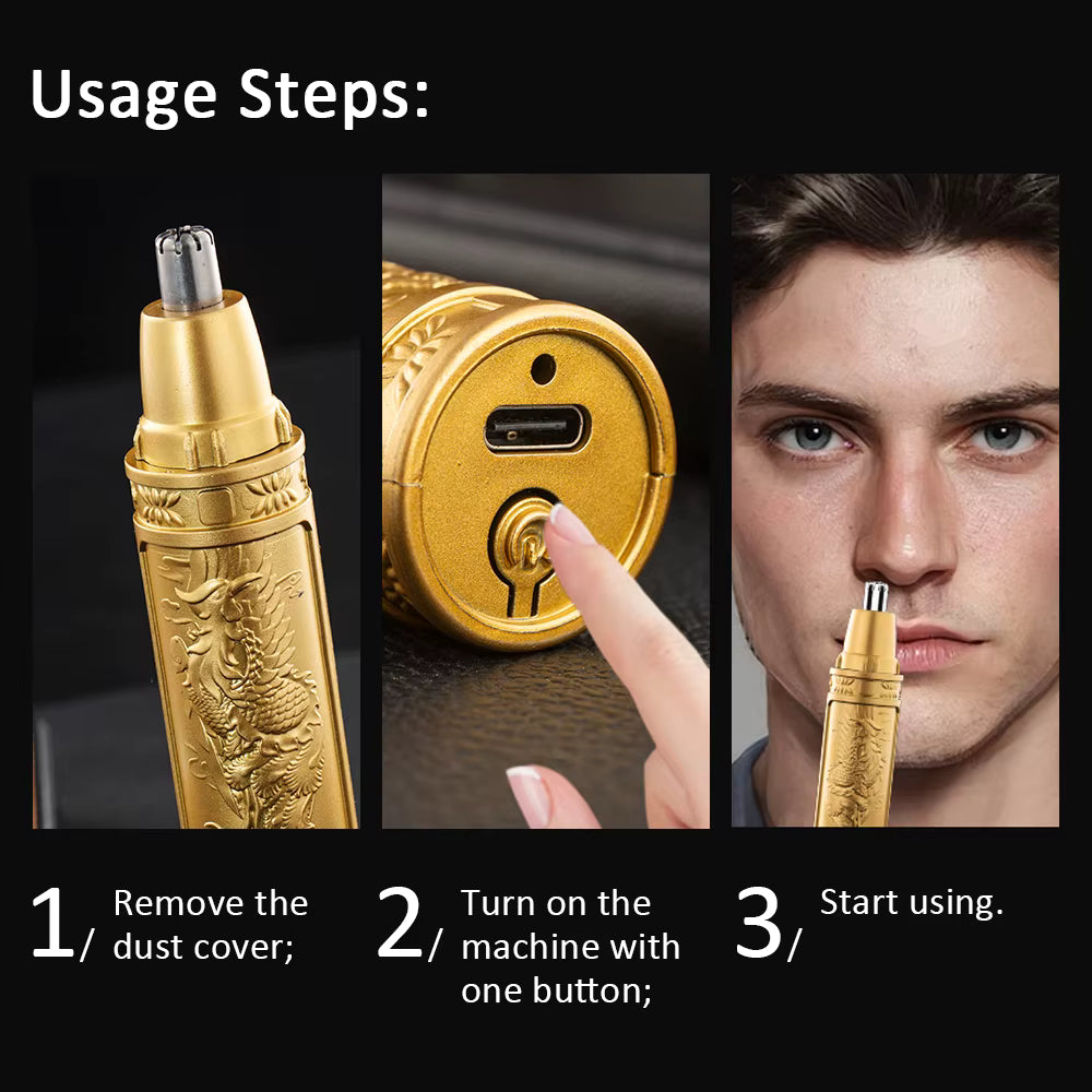 Golden Dragon & Phoenix Nose Hair Trimmer – Professional Nostril Hair Cutter – Waterproof Washable Blade Head – Compact & Portable Luxury Grooming for Men & Women