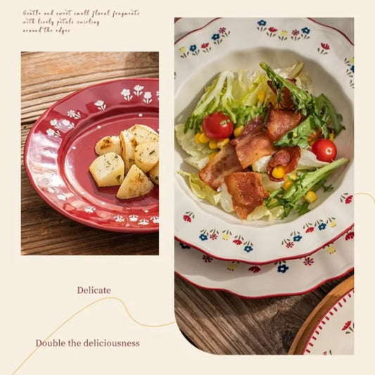 Solecasa Pastoral Style Ceramic Tableware – Elegant Floral Rice & Soup Bowls – Hand-Painted Fruit Salad & Pasta Plates – Aesthetic Table Decoration (Multiple Sizes)