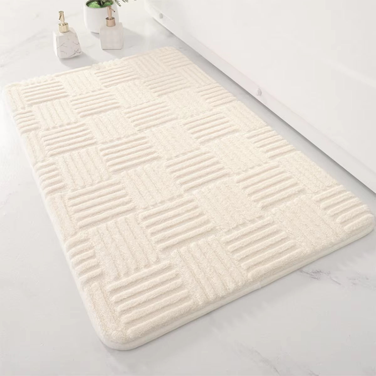 Tapis de sol absorbant épais à rayures – Tapis de salle de bain en velours de coton de couleur unie – Tapis de luxe antidérapant pour chambre et entrée (gris/blanc)