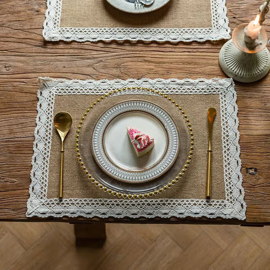 Burlap Woven Placemats | Rustic Braided Natural Jute with Lace Edging | Farmhouse Table Decor for Parties & Daily Dining
