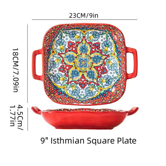 9-Inch Bohemian Style Ceramic Salad Plate - Double Ear Pasta Dish for Oven and Microwave