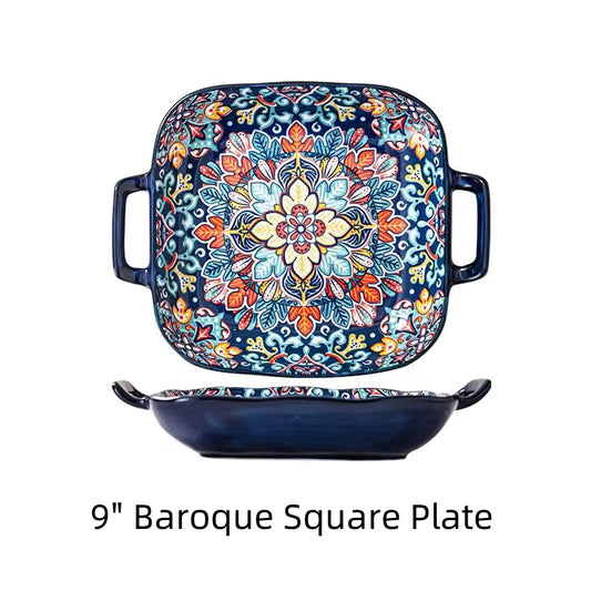 9-Inch Bohemian Style Ceramic Salad Plate - Double Ear Pasta Dish for Oven and Microwave
