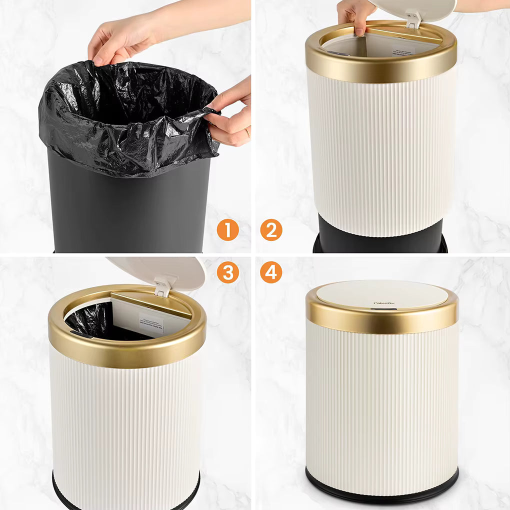 Retro Luxury Step Trash Can –12L Soft-Close Garbage Bin with Gold Trim – Vintage Style Plastic Wastebasket with Pressure Ring for Bathroom & Bedroom (White/Black)