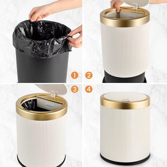 Retro Luxury Step Trash Can –12L Soft-Close Garbage Bin with Gold Trim – Vintage Style Plastic Wastebasket with Pressure Ring for Bathroom & Bedroom (White/Black)