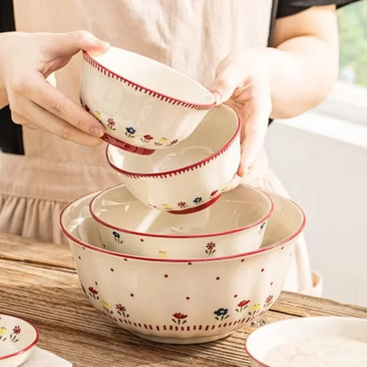Solecasa Pastoral Style Ceramic Tableware – Elegant Floral Rice & Soup Bowls – Hand-Painted Fruit Salad & Pasta Plates – Aesthetic Table Decoration (Multiple Sizes)