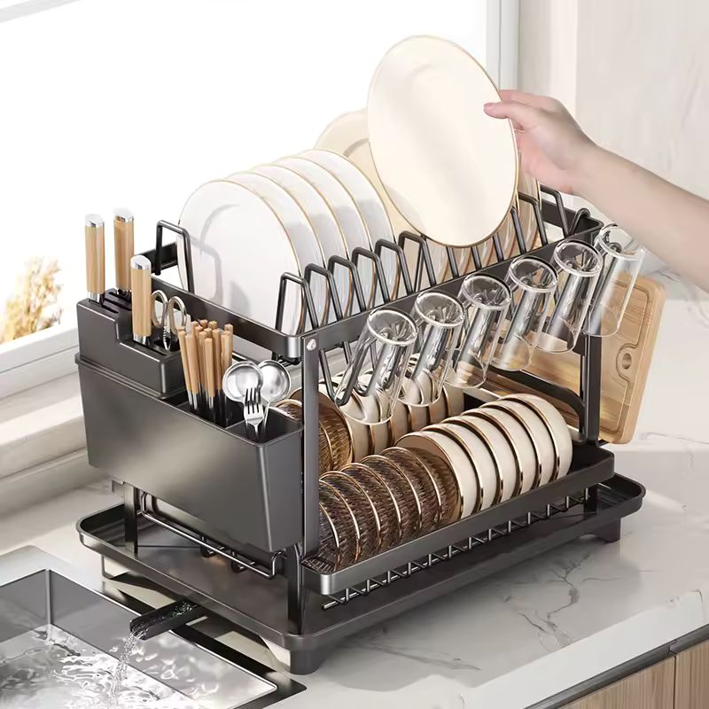 Self-Draining Kitchen Dish Rack – Multifunctional Foldable Bowl & Utensil Storage Organizer – Countertop Space-Saving Drainer for Dishes, Chopsticks & Cutlery
