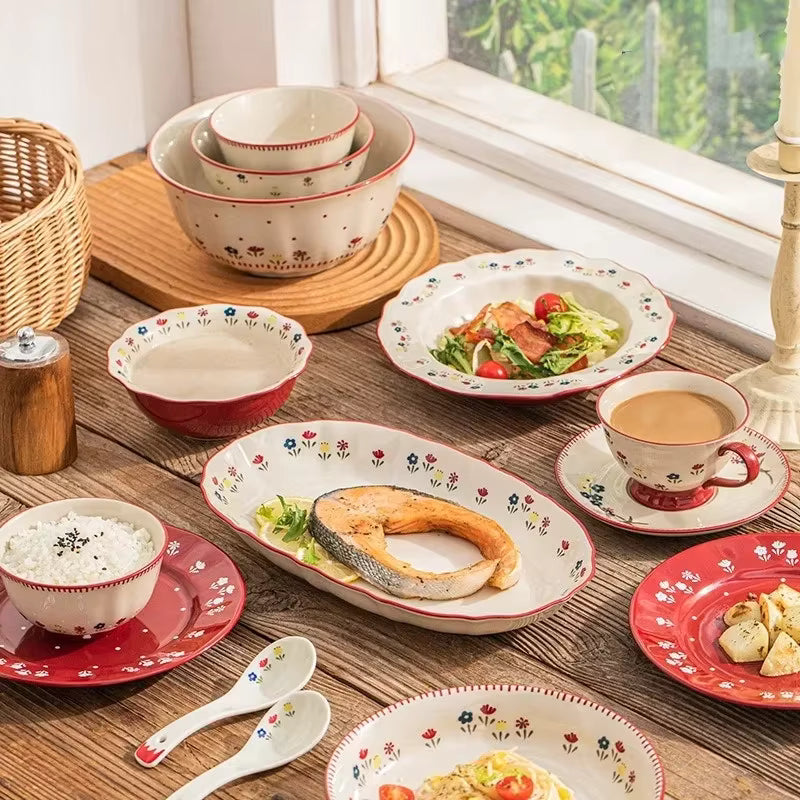 Vaisselle en céramique Solécasa style pastoral – Bols à riz et à soupe floraux élégants – Assiettes à salade de fruits et à pâtes peintes à la main – Décoration de table esthétique (plusieurs tailles)