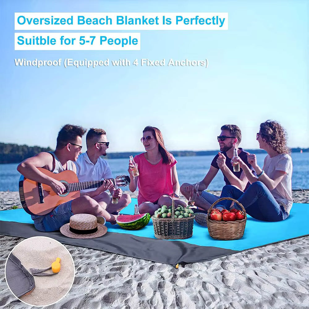 [140*200CM] Couverture de plage anti-sable – Tapis de pique-nique extérieur imperméable à séchage rapide – Plusieurs tailles avec 4 piquets d'ancrage pour les voyages, le camping et la randonnée (Bleu/Vert/Orange/Rose)