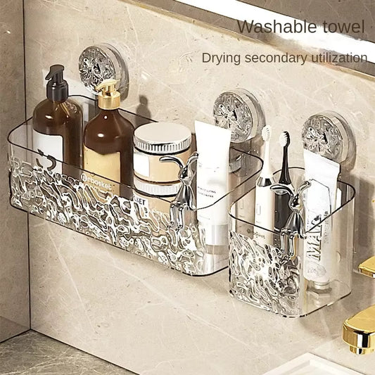 Light Glacier Pattern Shower Suction Cup Shelf – One-Second Installation Bathroom Basket – Rotating Vacuum Suction Storage Organizer (Small & Large)