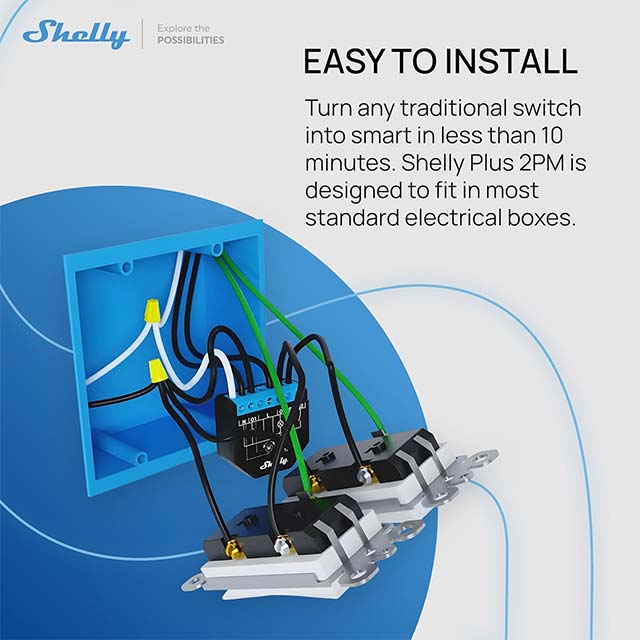 Shelly Plus 2PM | WiFi &amp; Bluetooth 2 Channels Smart Relay Switch with Power Metering for Home Automation, Roller Shutters &amp; Remote Control Compatible with Alexa &amp; Google Home | iOS Android App