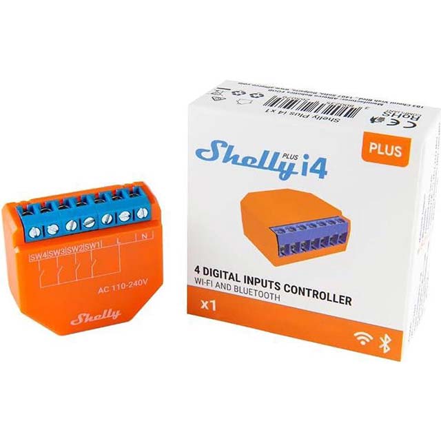 Shelly Plus i4 | WiFi &amp; Bluetooth Smart 4-Digital Inputs Controller for Shelly Relays | Home Automation | Works with Alexa | iOS Android App | No Hub Required | Remote Control | Multi-Click