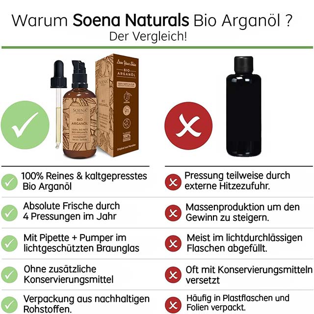Soena Naturals Organic Argan Oil – Cold Pressed 100% Pure Moroccan Argan Oil for Hair, Skin &amp; Nails, 100ml in Light-Protected Brown Glass with Pipette &amp; Pumper