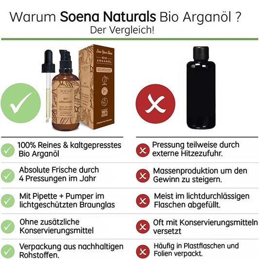 Soena Naturals Organic Argan Oil – Cold Pressed 100% Pure Moroccan Argan Oil for Hair, Skin &amp; Nails, 100ml in Light-Protected Brown Glass with Pipette &amp; Pumper