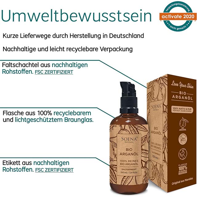 Soena Naturals Organic Argan Oil – Cold Pressed 100% Pure Moroccan Argan Oil for Hair, Skin &amp; Nails, 100ml in Light-Protected Brown Glass with Pipette &amp; Pumper