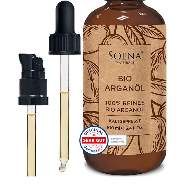 Soena Naturals Organic Argan Oil – Cold Pressed 100% Pure Moroccan Argan Oil for Hair, Skin &amp; Nails, 100ml in Light-Protected Brown Glass with Pipette &amp; Pumper