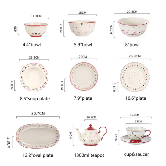 Solecasa Pastoral Style Ceramic Tableware – Elegant Floral Rice & Soup Bowls – Hand-Painted Fruit Salad & Pasta Plates – Aesthetic Table Decoration (Multiple Sizes)