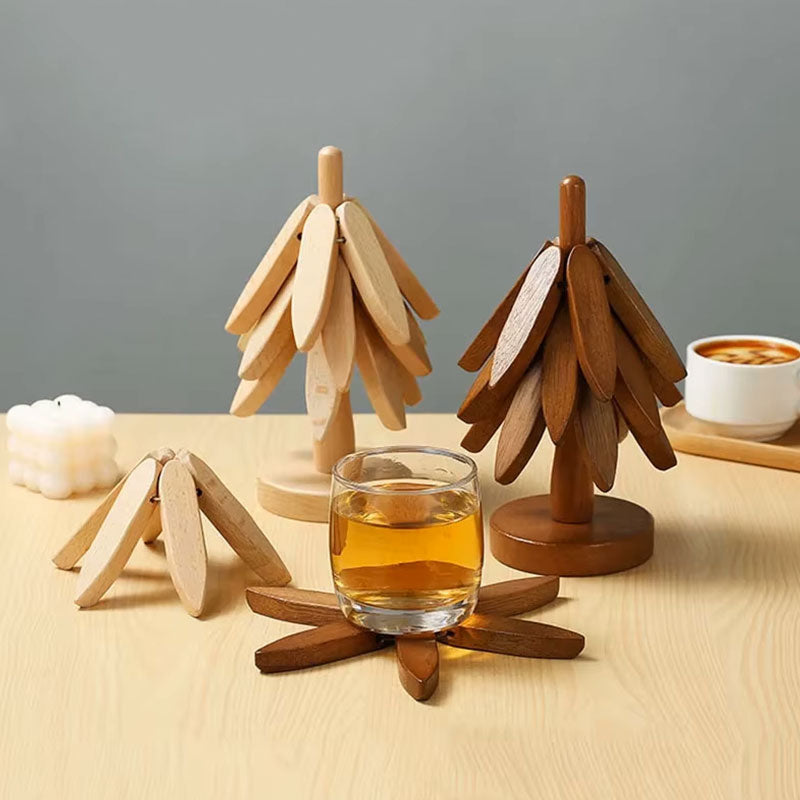 Dessous de plat de Noël en bois massif – Dessous de plat résistant à la chaleur et dessous de verre pliables anti-brûlure pour la décoration de table à manger