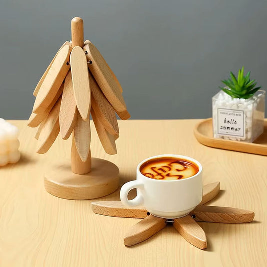 Solid Wood Christmas Tree Trivet Set – Heat-Resistant Pot Mat & Foldable Anti-Scalding Coasters for Dining Table Decor