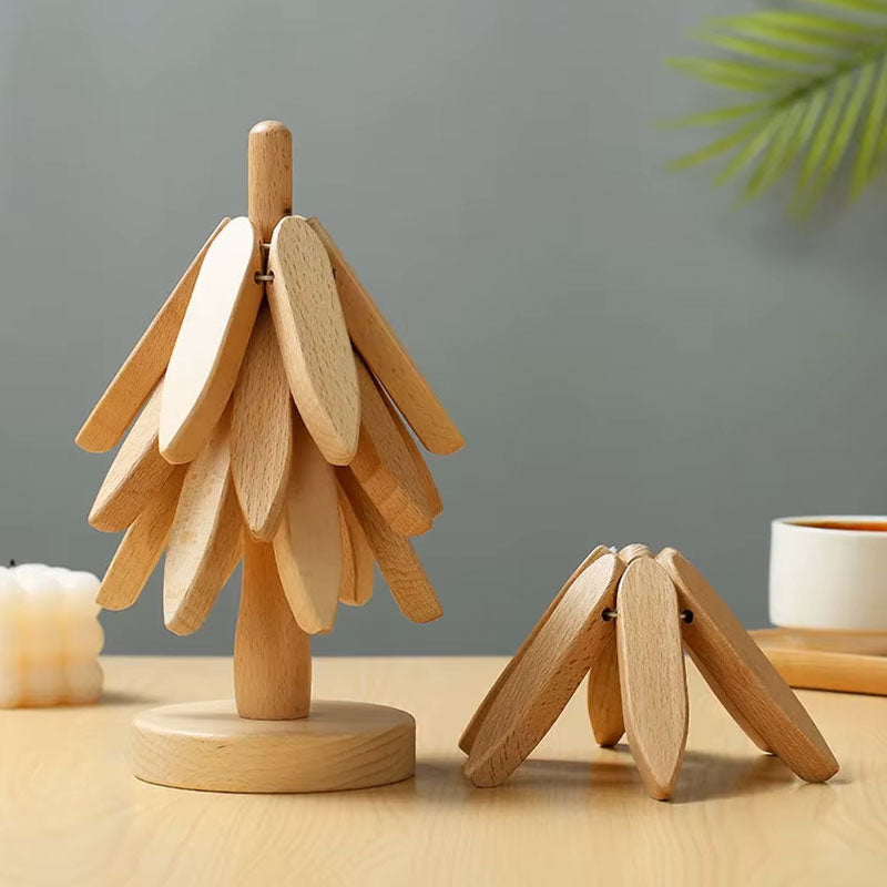 Solid Wood Christmas Tree Trivet Set – Heat-Resistant Pot Mat & Foldable Anti-Scalding Coasters for Dining Table Decor