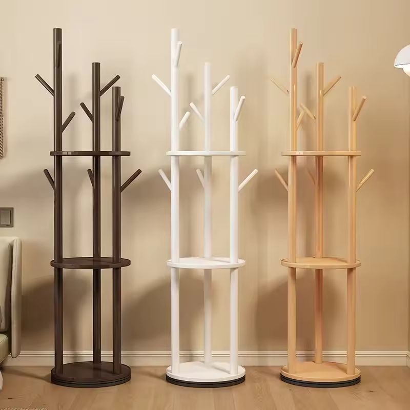 Solid Wood Rotating Coat Rack – Floor-Standing Vertical Clothes Hanger for Living Room & Bedroom, Modern Minimalist (White/Brown/Beige)