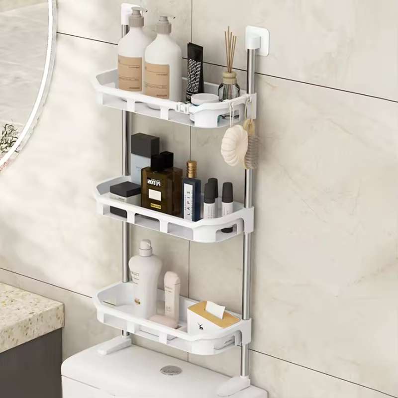 Organisateur de salle de bain mural compact – Cadre métallique moderne et étagères en plastique blanc – Support de rangement robuste pour articles de toilette, soins de la peau et essentiels de bain (2 niveaux)