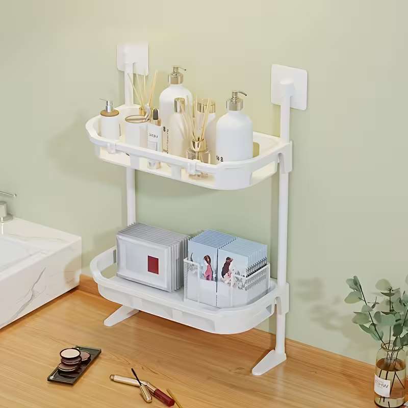 Organisateur de salle de bain mural compact – Cadre métallique moderne et étagères en plastique blanc – Support de rangement robuste pour articles de toilette, soins de la peau et essentiels de bain (2 niveaux)