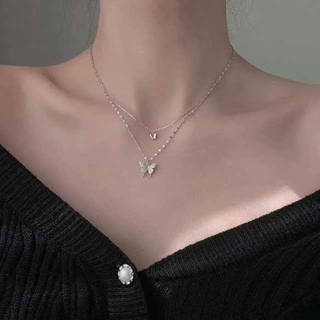 Sparkling Double Layer Butterfly Necklace for Women – Elegant Collar Chain Jewelry for Banquet, Party & Holiday Gifts