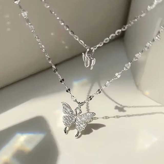 Sparkling Double Layer Butterfly Necklace for Women – Elegant Collar Chain Jewelry for Banquet, Party & Holiday Gifts