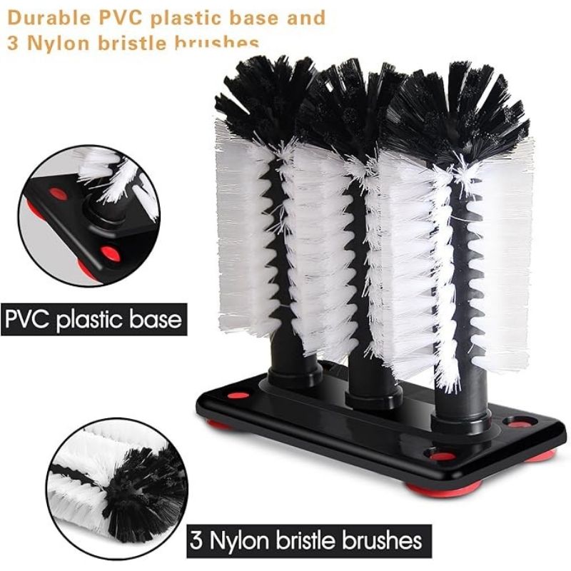 Brosse lave-verres 3-en-1 Sprookber – Nettoyeur d'évier à triple brosse avec base à ventouse – Lave-verres professionnel pour éviers de cuisine, verrerie et services de vaisselle – Nettoyeur de tasses manuel robuste