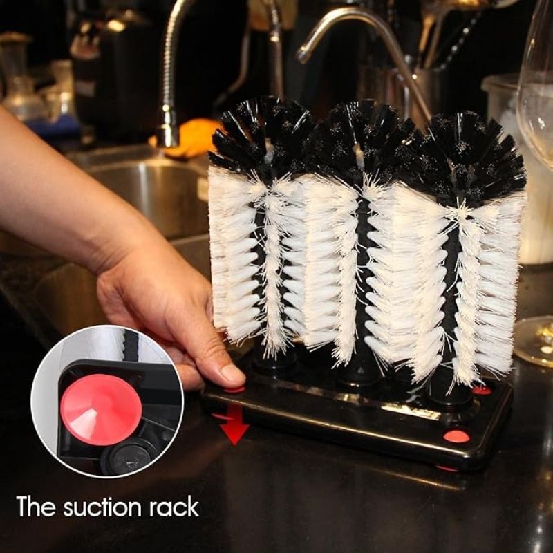 Brosse lave-verres 3-en-1 Sprookber – Nettoyeur d'évier à triple brosse avec base à ventouse – Lave-verres professionnel pour éviers de cuisine, verrerie et services de vaisselle – Nettoyeur de tasses manuel robuste