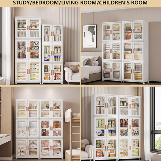 Stackable Storage Bins with Lids – 3-Tier Foldable Plastic Organizer with Double Doors & Wheels | Collapsible Storage Boxes for Home & Office