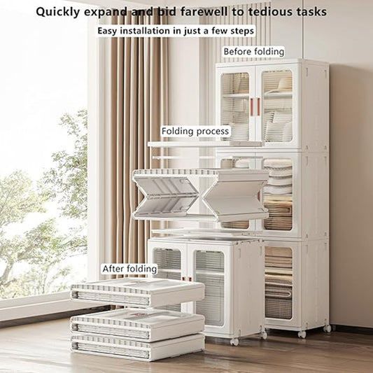 Stackable Storage Bins with Lids – 3-Tier Foldable Plastic Organizer with Double Doors & Wheels | Collapsible Storage Boxes for Home & Office