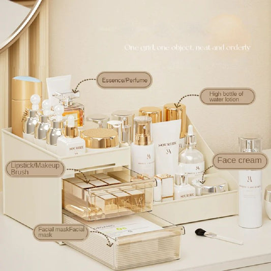 Stackable Drawer-Style Makeup Organizer – Multi-Tier Desktop Cosmetic Storage Box for Dormitory & Vanity – Plastic Skincare & Jewelry Display Case – Space-Saving Dressing Table Station (White/Clear) (Size L)