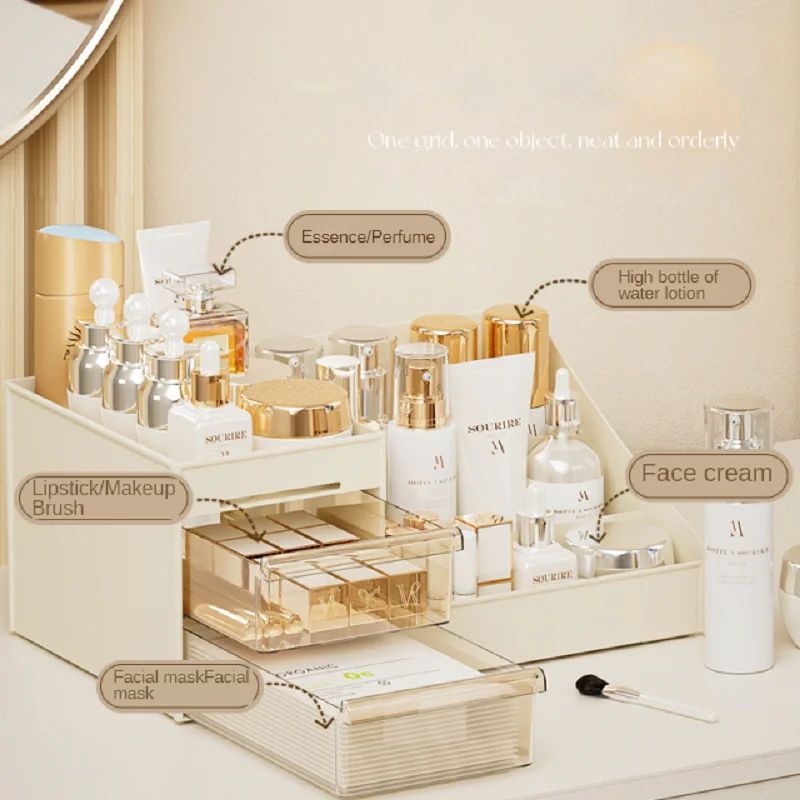 Organisateur de maquillage empilable à tiroirs – Boîte de rangement cosmétique multi-niveaux pour bureau, dortoir et coiffeuse – Présentoir à cosmétiques et bijoux en plastique – Station de coiffeuse peu encombrante (Blanc/Transparent) (Taille L)